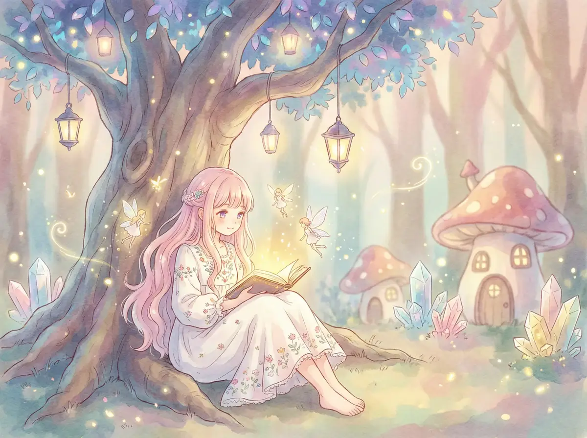 fset566 - 魔法森林中阅读故事书的粉发少女与精灵